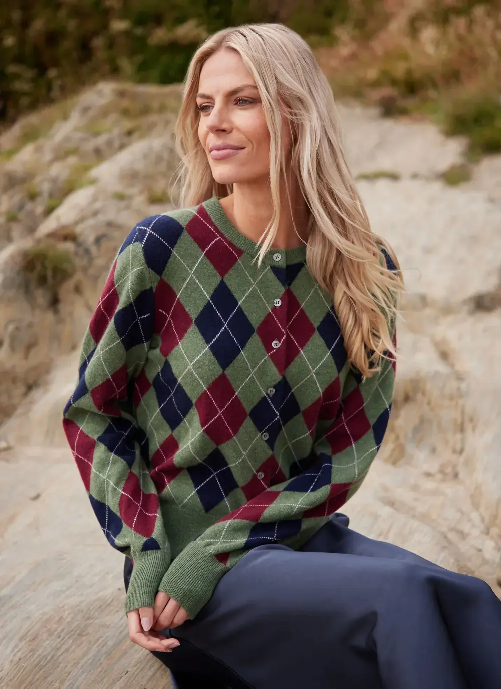 Cashmere Wool Argyle Cardigan in Green